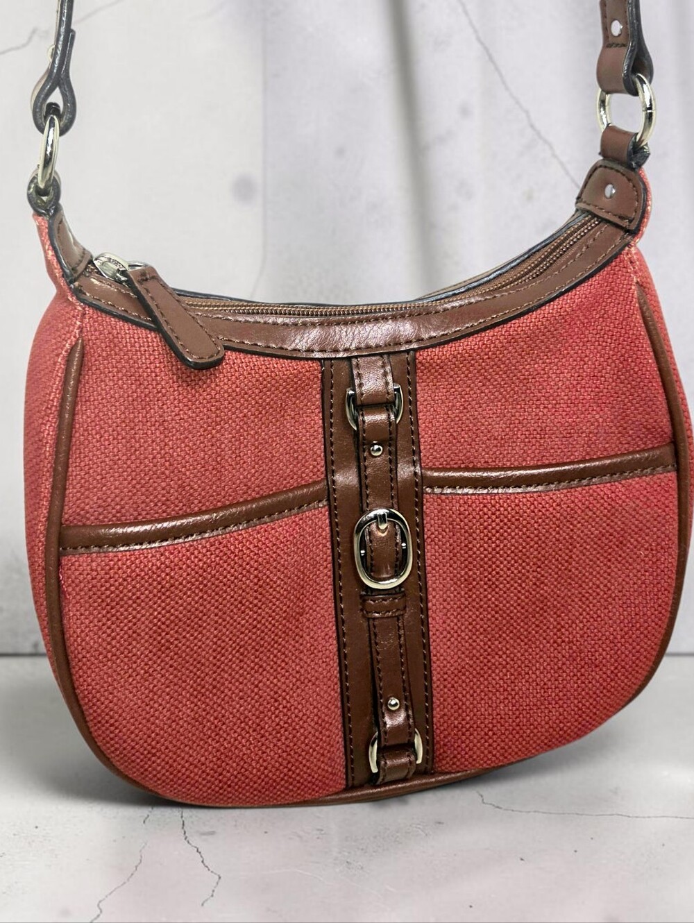 Etienne Aigner Red Canvas Shoulder Bag with Brown Leather Trim